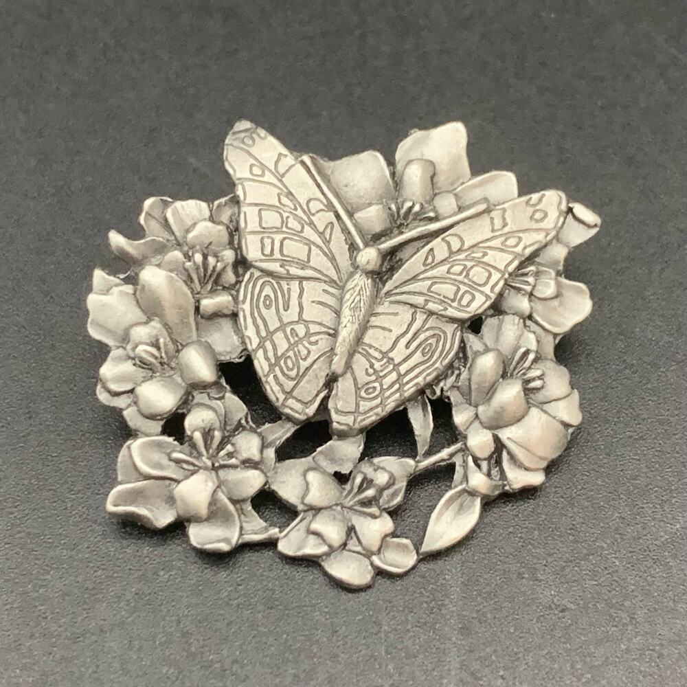 1998 Birds & Blooms Flowers Butterfly Pewter Brooch